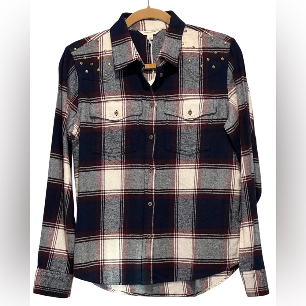 Lucky Brand 100% Cotton Plaid Flannel Studded Detail Size S